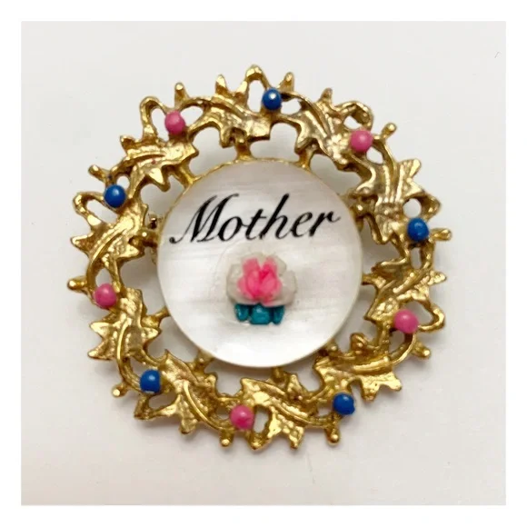 Vintage MCM mother of pearl  “mother” pink blue gold round brooch pin - Picture 4 of 7